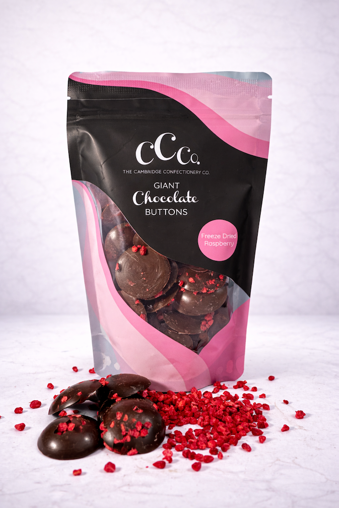 Giant Dark Chocolate Raspberry Buttons | Cambridge Confectionery Co.