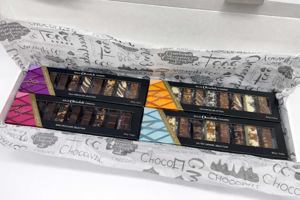 LETTERBOX HAMPER SET OF 4 x 9 ASSORTED SOLID CHOCOLATE FINGERS image 1